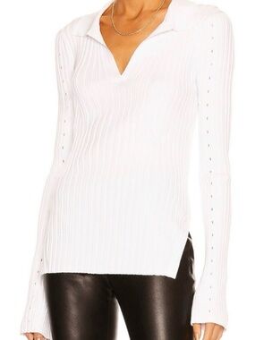Helmut Lang Slash Polo Collared Rib Knit Long Sleeve Top Small White Chic Clean